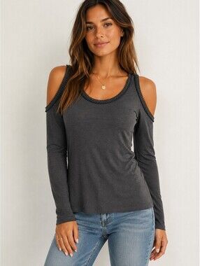 Bailey 44 Cold Shoulder Top Women's Size M Gray Long Sleeve Stretch Knit